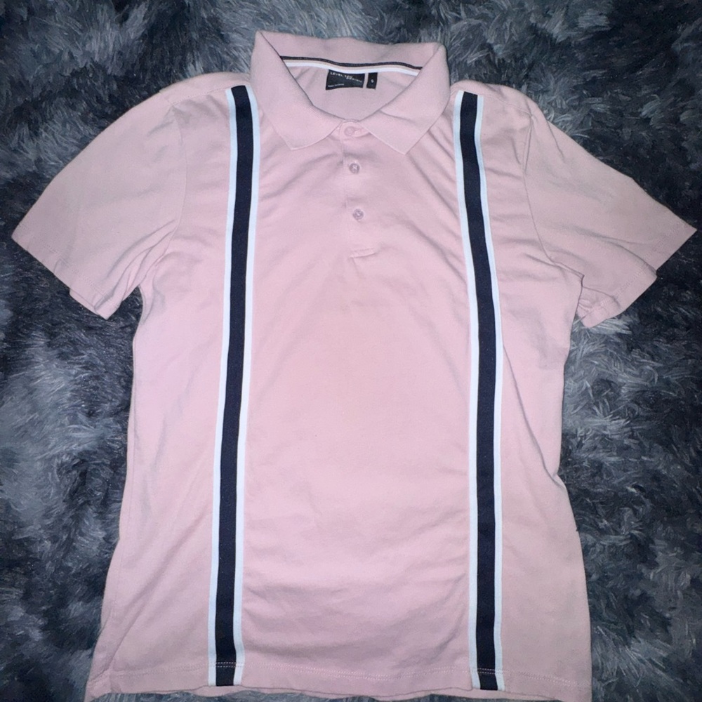 Light Pink Polo Shirt with Navy Stripes and Short Sleeves